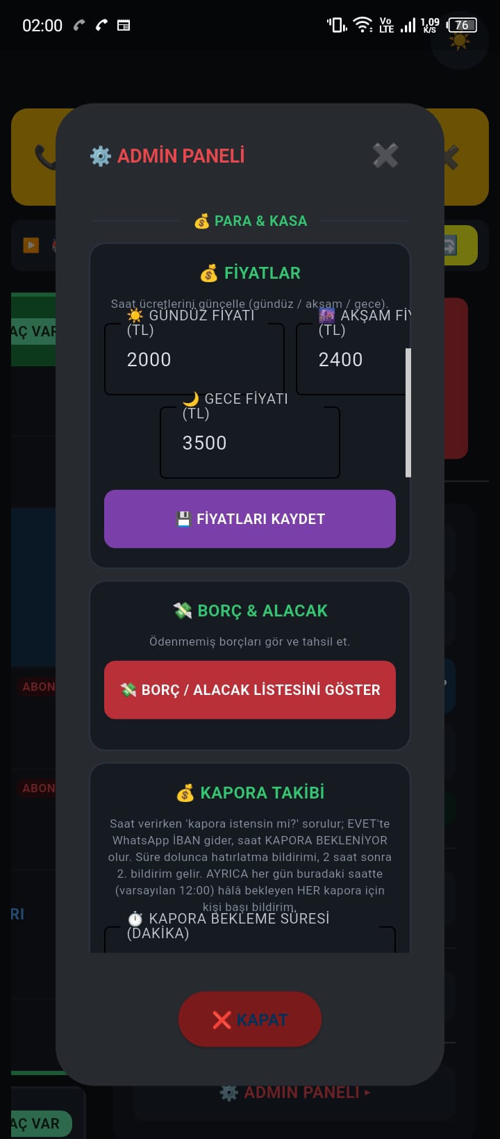 Fiyat, borç/alacak ve kapora ayarları
