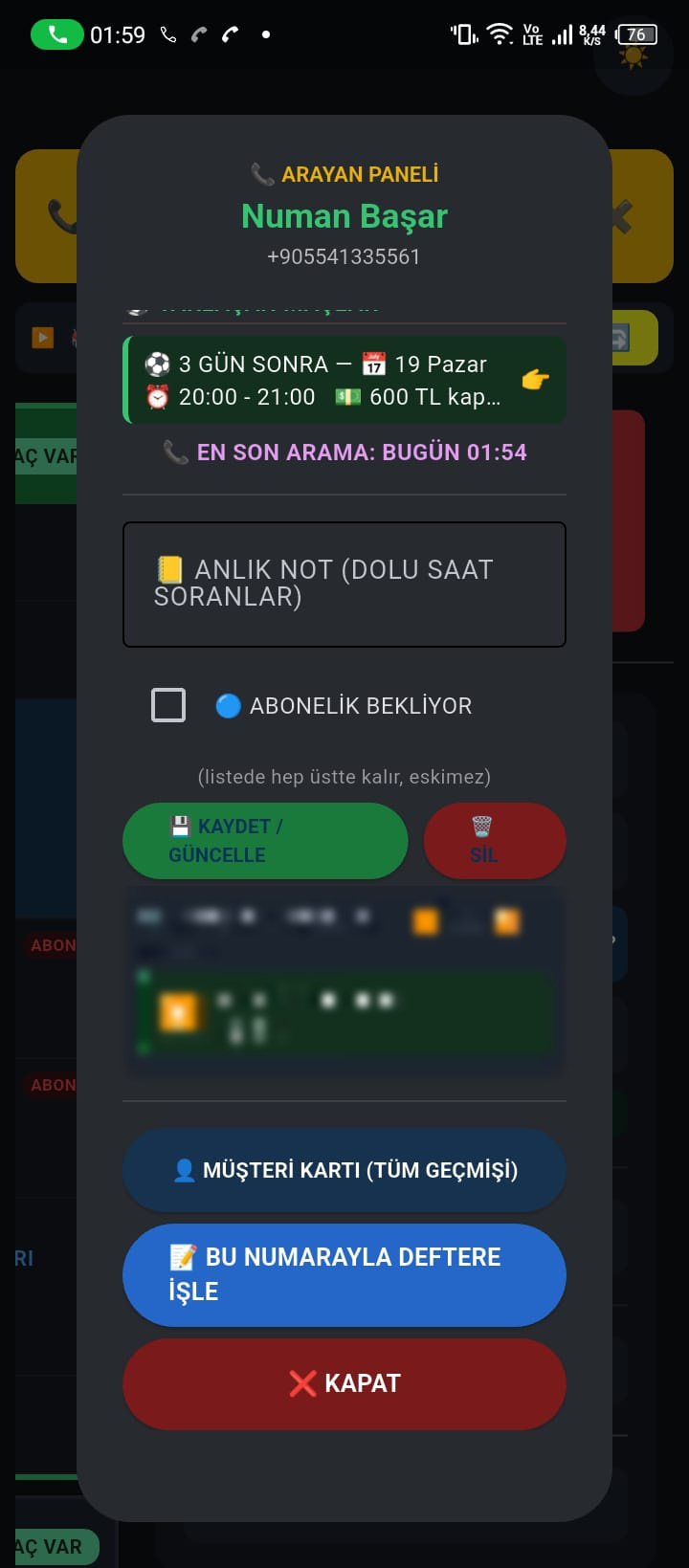Arayan paneli — müşteri geçmişi, ses kaydı ve müşteri kartı