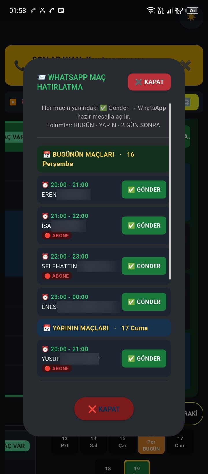Maç hatırlatma — tek tuşla WhatsApp'tan hatırlatma mesajı