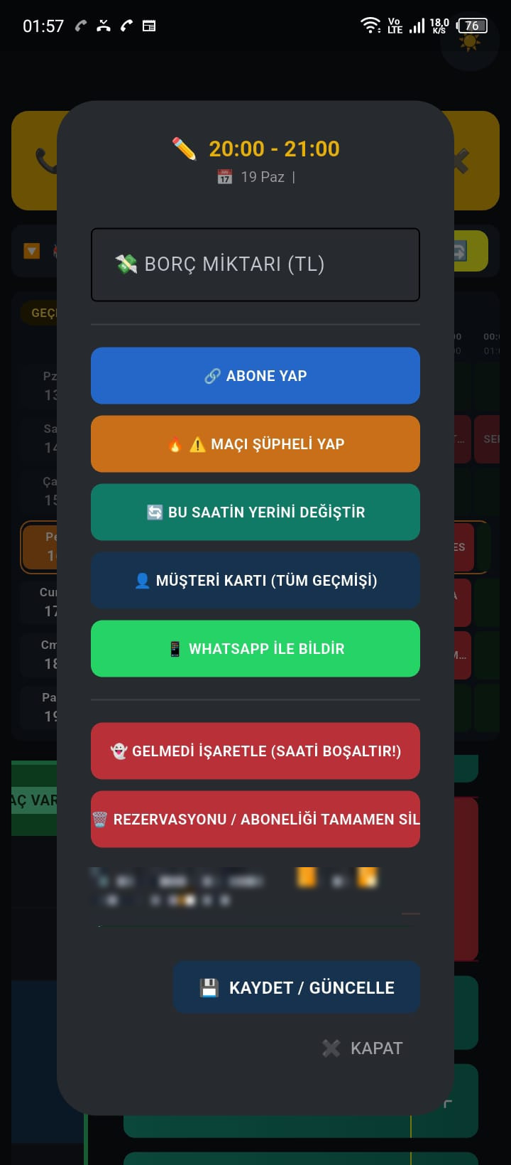 Slot işlem menüsü — abone yap, şüpheli, yerini değiştir, müşteri kartı