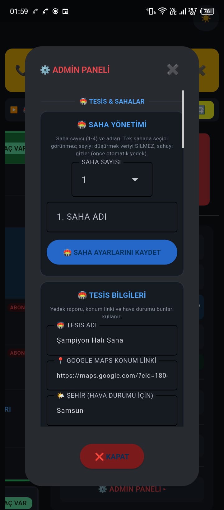 Saha yönetimi — 1-4 saha ve tesis bilgileri