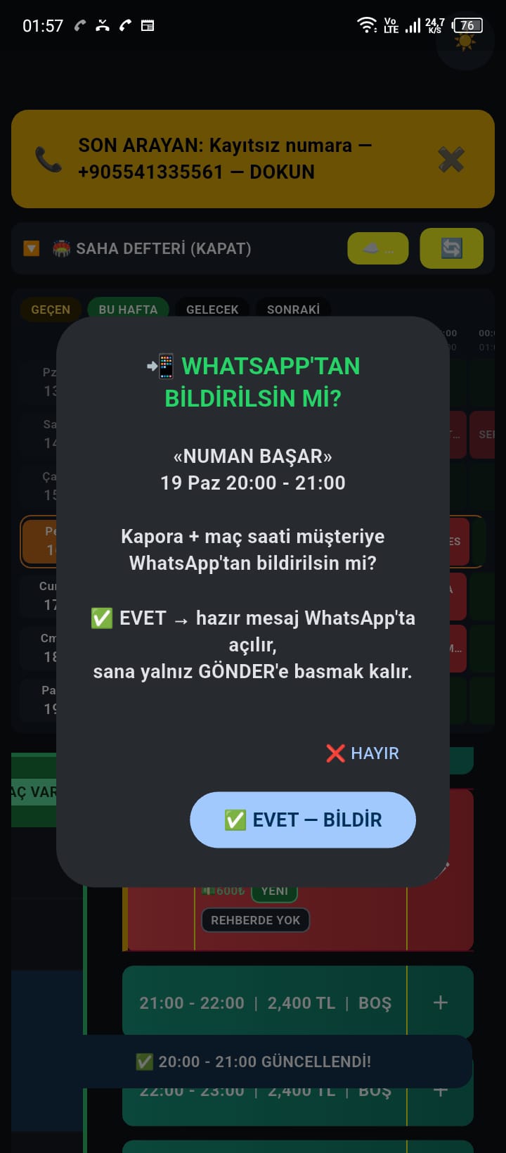 WhatsApp'tan otomatik bildirim — hazır mesaj, sadece gönder