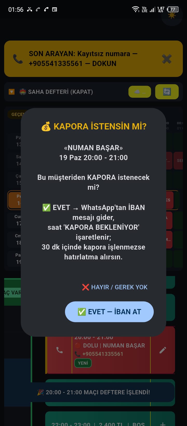 Kapora istensin mi — tek tuşla WhatsApp'tan İBAN gönderme